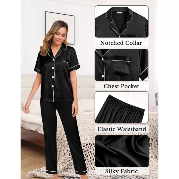 SWOMOG Womens 4pcs Pajamas Sets Silk Satin Pjs Set Cami With Button Down Short Sleeve Shirt Pants LoungewearBlack