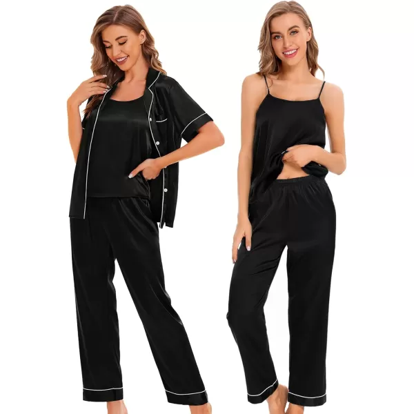 SWOMOG Womens 4pcs Pajamas Sets Silk Satin Pjs Set Cami With Button Down Short Sleeve Shirt Pants LoungewearBlack