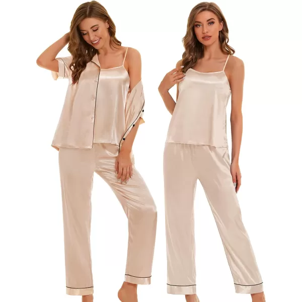 SWOMOG Womens 4pcs Pajamas Sets Silk Satin Pjs Set Cami With Button Down Short Sleeve Shirt Pants LoungewearChampagne