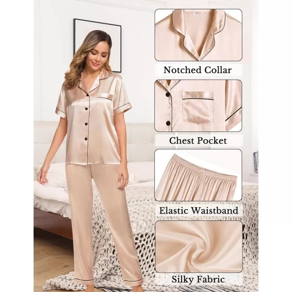 SWOMOG Womens 4pcs Pajamas Sets Silk Satin Pjs Set Cami With Button Down Short Sleeve Shirt Pants LoungewearChampagne