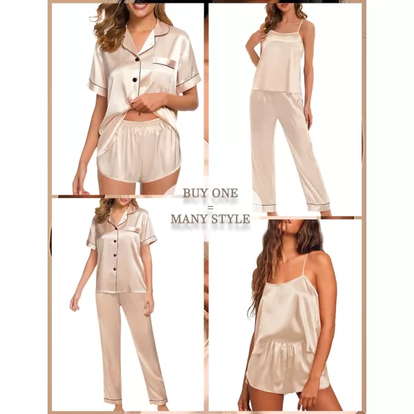 SWOMOG Womens 4pcs Pajamas Sets Silk Satin Pjs Set Cami With Button Down Short Sleeve Shirt Pants LoungewearChampagne