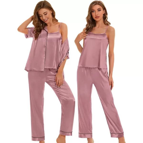 SWOMOG Womens 4pcs Pajamas Sets Silk Satin Pjs Set Cami With Button Down Short Sleeve Shirt Pants LoungewearMisty Rose