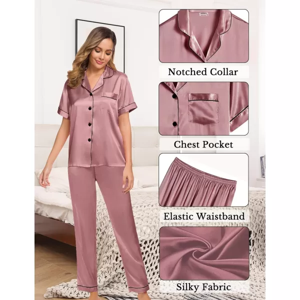 SWOMOG Womens 4pcs Pajamas Sets Silk Satin Pjs Set Cami With Button Down Short Sleeve Shirt Pants LoungewearMisty Rose