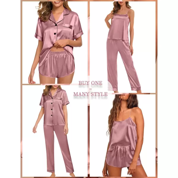 SWOMOG Womens 4pcs Pajamas Sets Silk Satin Pjs Set Cami With Button Down Short Sleeve Shirt Pants LoungewearMisty Rose