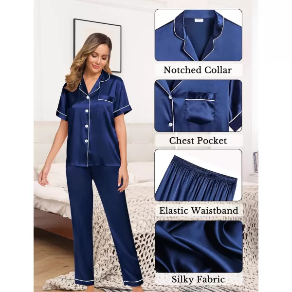 SWOMOG Womens 4pcs Pajamas Sets Silk Satin Pjs Set Cami With Button Down Short Sleeve Shirt Pants LoungewearNavy Blue