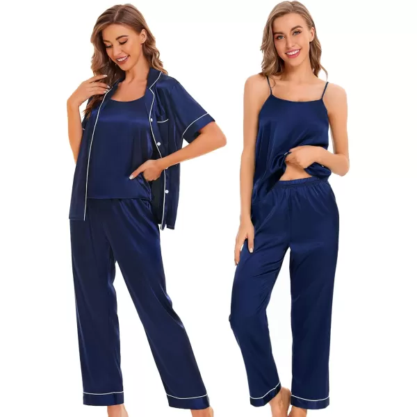 SWOMOG Womens 4pcs Pajamas Sets Silk Satin Pjs Set Cami With Button Down Short Sleeve Shirt Pants LoungewearNavy Blue