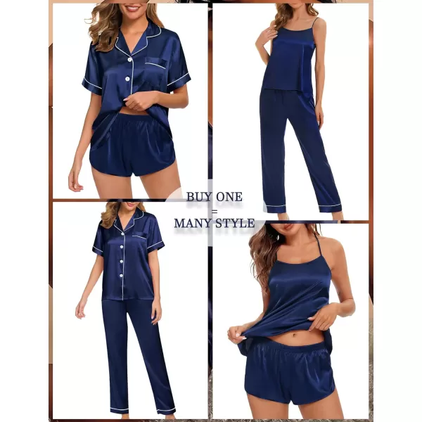 SWOMOG Womens 4pcs Pajamas Sets Silk Satin Pjs Set Cami With Button Down Short Sleeve Shirt Pants LoungewearNavy Blue