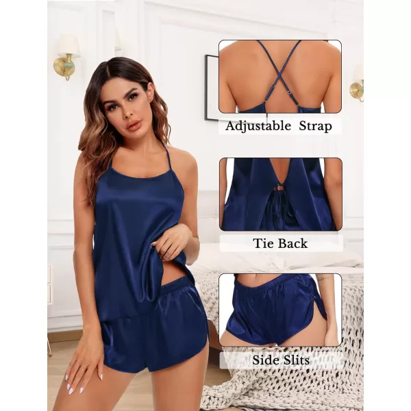 SWOMOG Womens 4pcs Pajamas Sets Silk Satin Pjs Set Cami With Button Down Short Sleeve Shirt Pants LoungewearNavy Blue