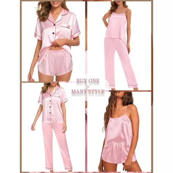 SWOMOG Womens 4pcs Pajamas Sets Silk Satin Pjs Set Cami With Button Down Short Sleeve Shirt Pants LoungewearPink