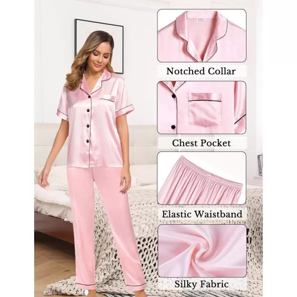 SWOMOG Womens 4pcs Pajamas Sets Silk Satin Pjs Set Cami With Button Down Short Sleeve Shirt Pants LoungewearPink