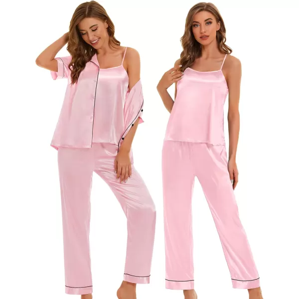 SWOMOG Womens 4pcs Pajamas Sets Silk Satin Pjs Set Cami With Button Down Short Sleeve Shirt Pants LoungewearPink