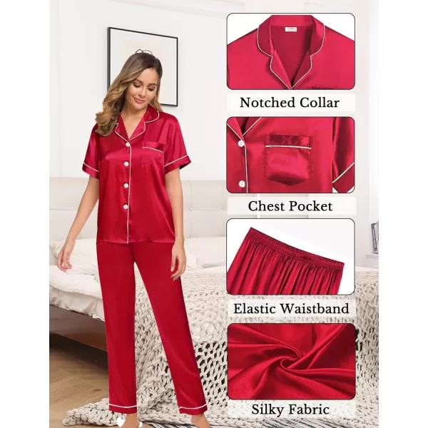 SWOMOG Womens 4pcs Pajamas Sets Silk Satin Pjs Set Cami With Button Down Short Sleeve Shirt Pants LoungewearRed