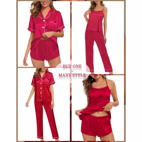 SWOMOG Womens 4pcs Pajamas Sets Silk Satin Pjs Set Cami With Button Down Short Sleeve Shirt Pants LoungewearRed