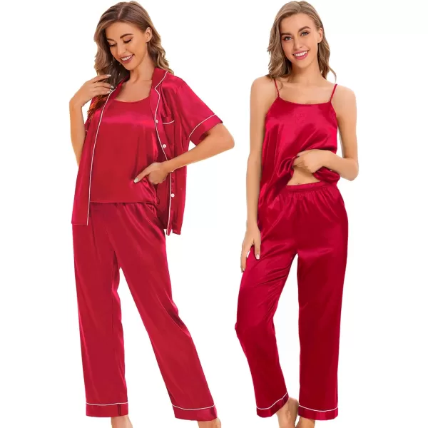 SWOMOG Womens 4pcs Pajamas Sets Silk Satin Pjs Set Cami With Button Down Short Sleeve Shirt Pants LoungewearRed