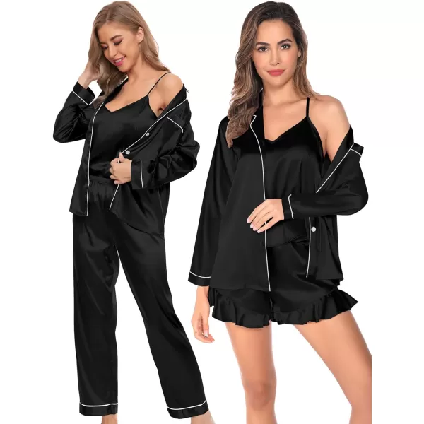 SWOMOG Womens 4pcs Pajamas Sets Silk Satin Pjs Set Ruffle Shorts  Cami  Pants  Long Sleeve Tops Loungewear SetBlack