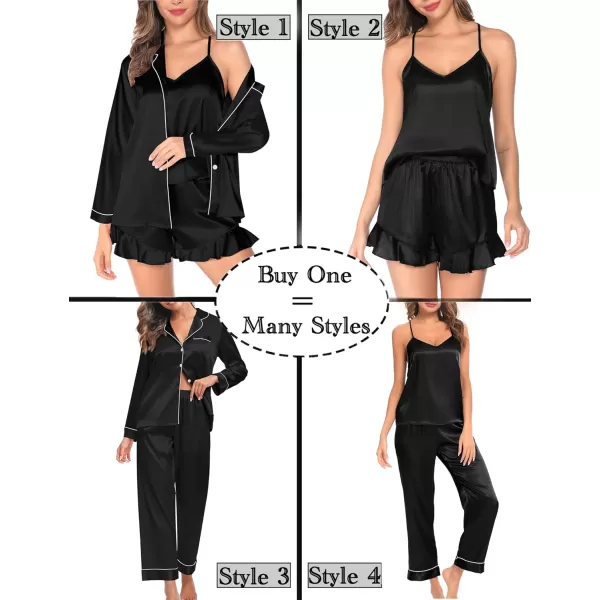 SWOMOG Womens 4pcs Pajamas Sets Silk Satin Pjs Set Ruffle Shorts  Cami  Pants  Long Sleeve Tops Loungewear SetBlack