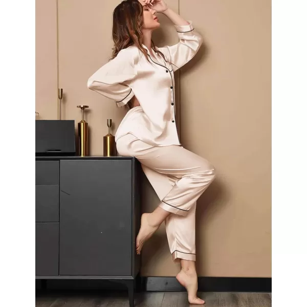 SWOMOG Womens 4pcs Pajamas Sets Silk Satin Pjs Set Ruffle Shorts  Cami  Pants  Long Sleeve Tops Loungewear SetChampagne