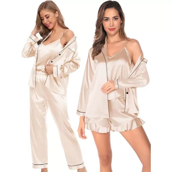 SWOMOG Womens 4pcs Pajamas Sets Silk Satin Pjs Set Ruffle Shorts  Cami  Pants  Long Sleeve Tops Loungewear SetChampagne