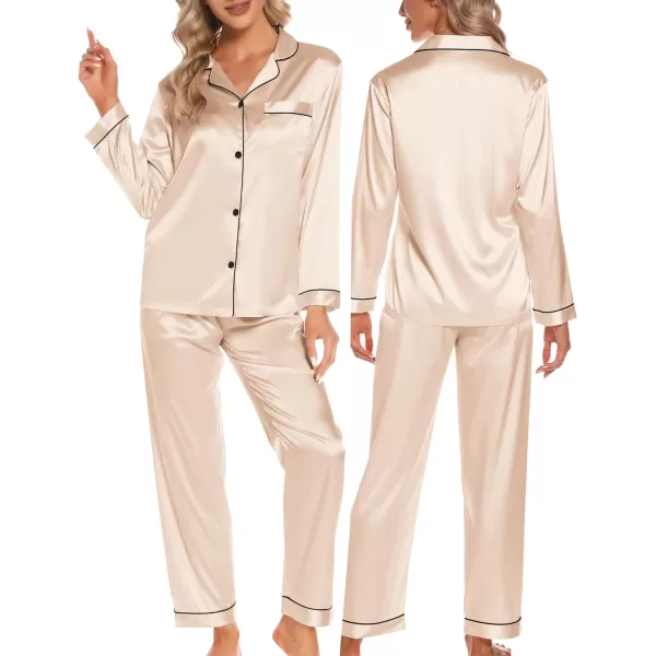 SWOMOG Womens 4pcs Pajamas Sets Silk Satin Pjs Set Ruffle Shorts  Cami  Pants  Long Sleeve Tops Loungewear SetChampagne