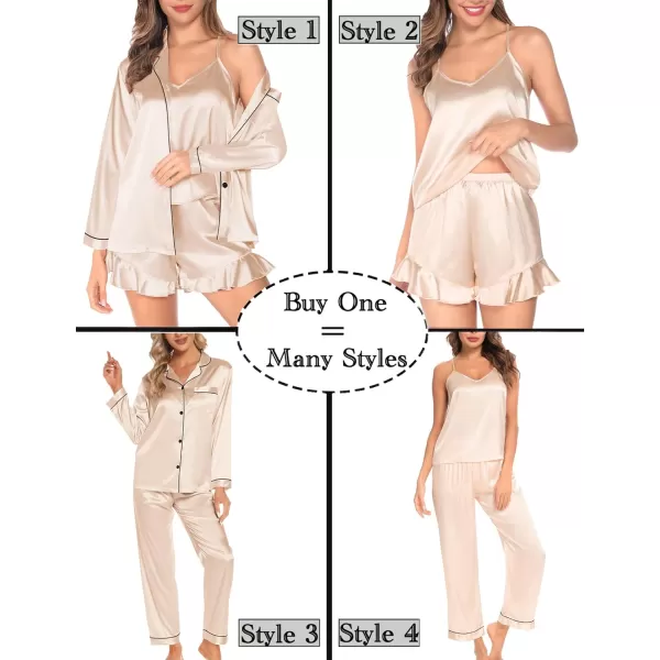 SWOMOG Womens 4pcs Pajamas Sets Silk Satin Pjs Set Ruffle Shorts  Cami  Pants  Long Sleeve Tops Loungewear SetChampagne