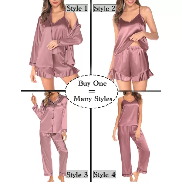 SWOMOG Womens 4pcs Pajamas Sets Silk Satin Pjs Set Ruffle Shorts  Cami  Pants  Long Sleeve Tops Loungewear SetMisty Rose