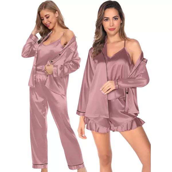 SWOMOG Womens 4pcs Pajamas Sets Silk Satin Pjs Set Ruffle Shorts  Cami  Pants  Long Sleeve Tops Loungewear SetMisty Rose