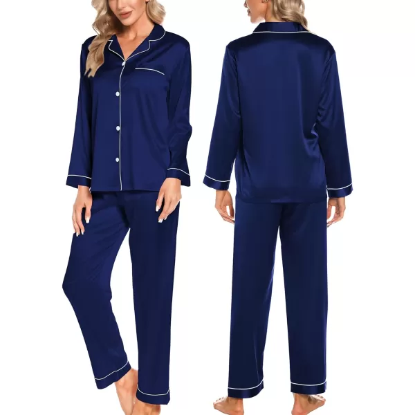 SWOMOG Womens 4pcs Pajamas Sets Silk Satin Pjs Set Ruffle Shorts  Cami  Pants  Long Sleeve Tops Loungewear SetNavy Blue