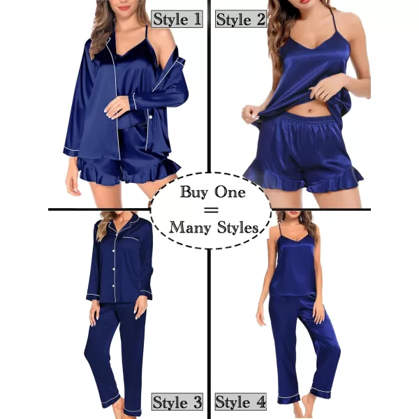 SWOMOG Womens 4pcs Pajamas Sets Silk Satin Pjs Set Ruffle Shorts  Cami  Pants  Long Sleeve Tops Loungewear SetNavy Blue