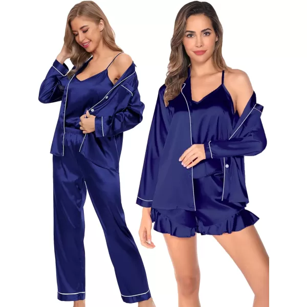 SWOMOG Womens 4pcs Pajamas Sets Silk Satin Pjs Set Ruffle Shorts  Cami  Pants  Long Sleeve Tops Loungewear SetNavy Blue