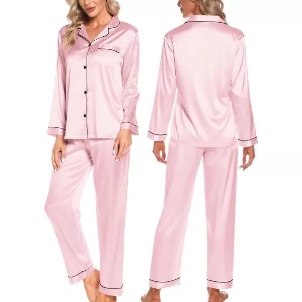 SWOMOG Womens 4pcs Pajamas Sets Silk Satin Pjs Set Ruffle Shorts  Cami  Pants  Long Sleeve Tops Loungewear SetPink