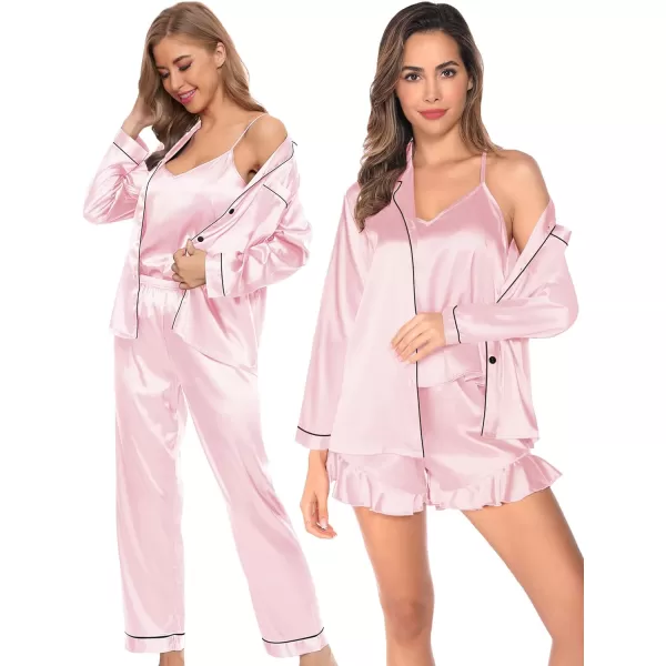 SWOMOG Womens 4pcs Pajamas Sets Silk Satin Pjs Set Ruffle Shorts  Cami  Pants  Long Sleeve Tops Loungewear SetPink