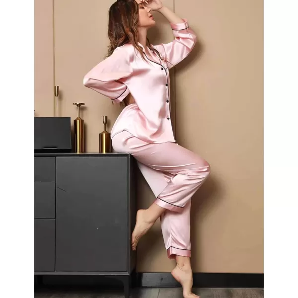 SWOMOG Womens 4pcs Pajamas Sets Silk Satin Pjs Set Ruffle Shorts  Cami  Pants  Long Sleeve Tops Loungewear SetPink