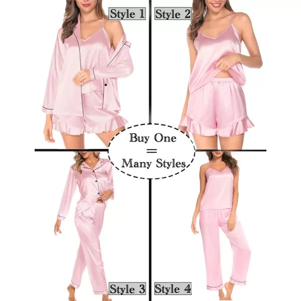 SWOMOG Womens 4pcs Pajamas Sets Silk Satin Pjs Set Ruffle Shorts  Cami  Pants  Long Sleeve Tops Loungewear SetPink