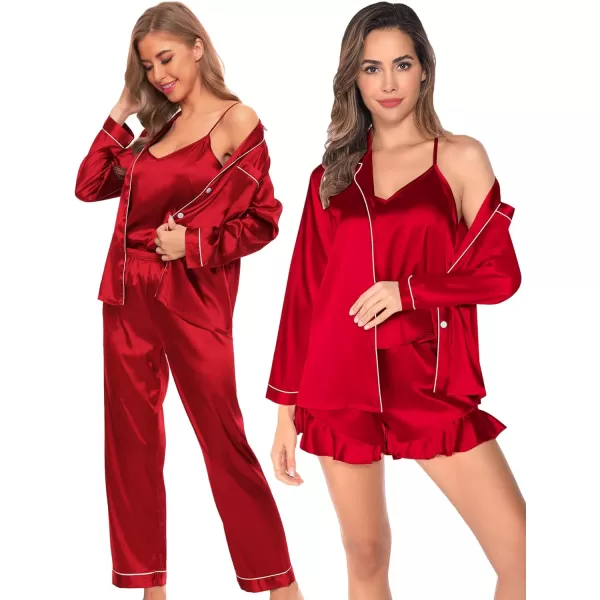 SWOMOG Womens 4pcs Pajamas Sets Silk Satin Pjs Set Ruffle Shorts  Cami  Pants  Long Sleeve Tops Loungewear SetRed