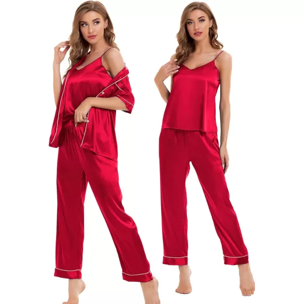 SWOMOG Womens 4pcs Pajamas Sets Silk Satin Sleepwear Sexy Cami with Button Down Short Sleeve Shirt Pjs LoungewearA Style2 Red