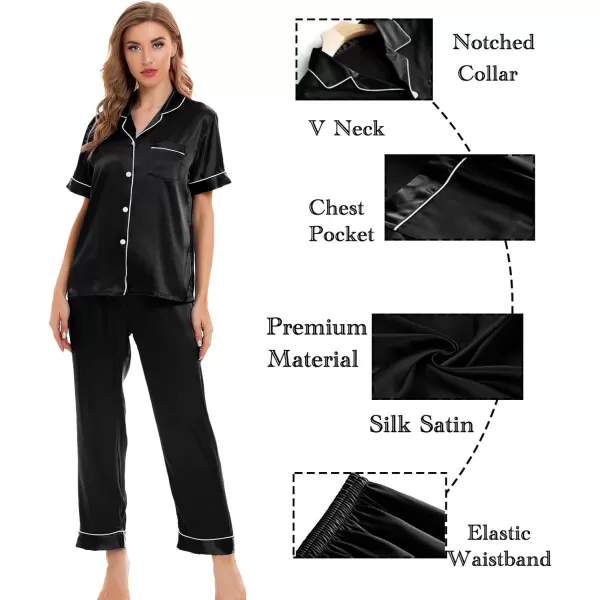 SWOMOG Womens 4pcs Pajamas Sets Silk Satin Sleepwear Sexy Cami with Button Down Short Sleeve Shirt Pjs LoungewearAblack