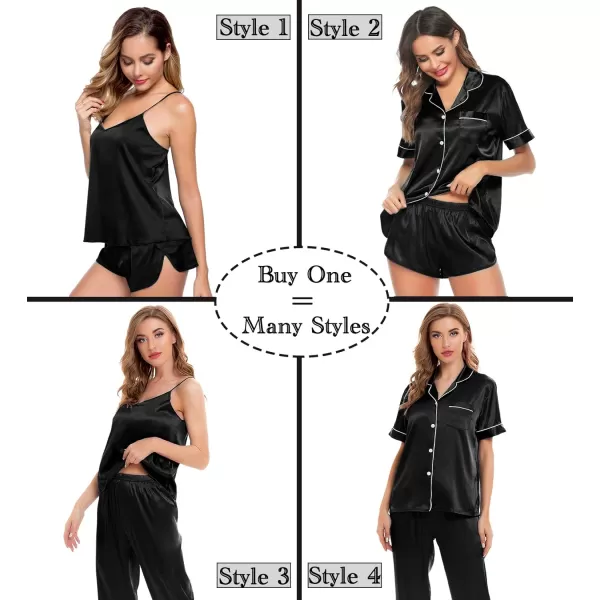 SWOMOG Womens 4pcs Pajamas Sets Silk Satin Sleepwear Sexy Cami with Button Down Short Sleeve Shirt Pjs LoungewearAblack