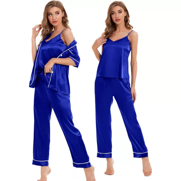 SWOMOG Womens 4pcs Pajamas Sets Silk Satin Sleepwear Sexy Cami with Button Down Short Sleeve Shirt Pjs LoungewearAblue