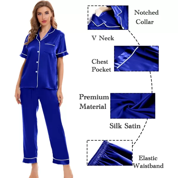 SWOMOG Womens 4pcs Pajamas Sets Silk Satin Sleepwear Sexy Cami with Button Down Short Sleeve Shirt Pjs LoungewearAblue