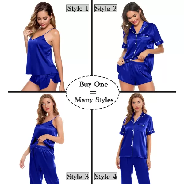 SWOMOG Womens 4pcs Pajamas Sets Silk Satin Sleepwear Sexy Cami with Button Down Short Sleeve Shirt Pjs LoungewearAblue