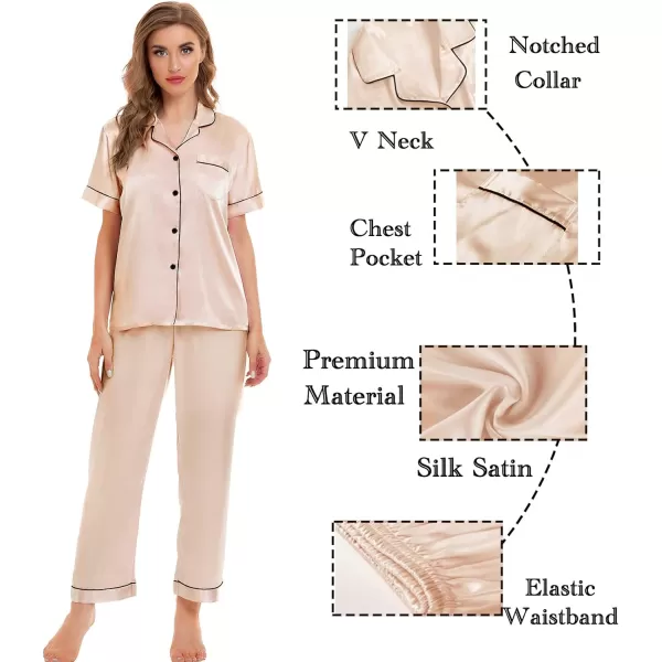 SWOMOG Womens 4pcs Pajamas Sets Silk Satin Sleepwear Sexy Cami with Button Down Short Sleeve Shirt Pjs LoungewearAchampagne