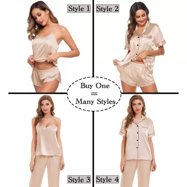 SWOMOG Womens 4pcs Pajamas Sets Silk Satin Sleepwear Sexy Cami with Button Down Short Sleeve Shirt Pjs LoungewearAchampagne