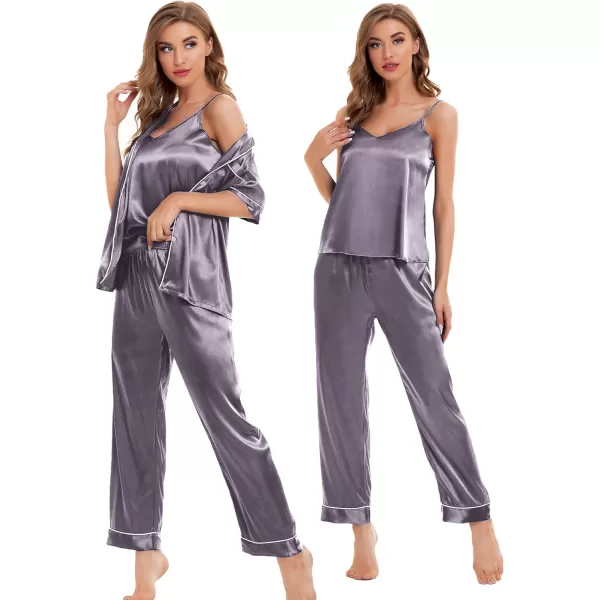 SWOMOG Womens 4pcs Pajamas Sets Silk Satin Sleepwear Sexy Cami with Button Down Short Sleeve Shirt Pjs LoungewearAchestnut