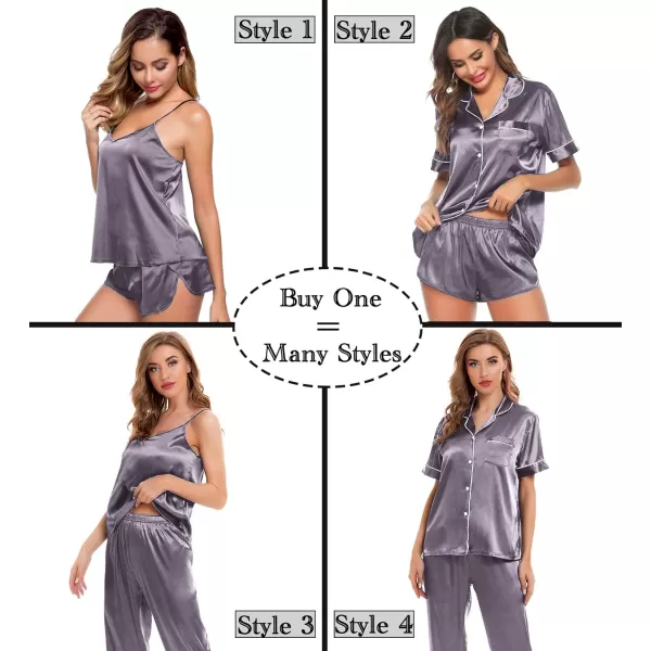 SWOMOG Womens 4pcs Pajamas Sets Silk Satin Sleepwear Sexy Cami with Button Down Short Sleeve Shirt Pjs LoungewearAchestnut