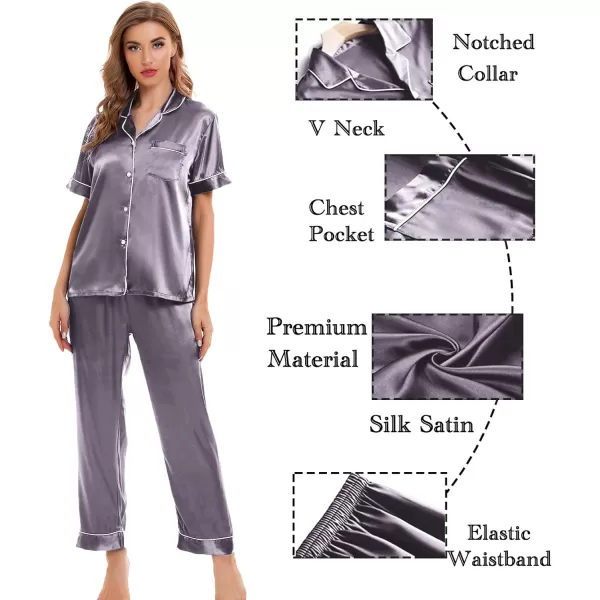 SWOMOG Womens 4pcs Pajamas Sets Silk Satin Sleepwear Sexy Cami with Button Down Short Sleeve Shirt Pjs LoungewearAchestnut