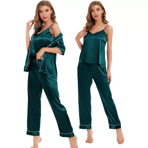 SWOMOG Womens 4pcs Pajamas Sets Silk Satin Sleepwear Sexy Cami with Button Down Short Sleeve Shirt Pjs LoungewearAdeep Green