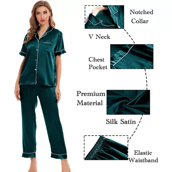 SWOMOG Womens 4pcs Pajamas Sets Silk Satin Sleepwear Sexy Cami with Button Down Short Sleeve Shirt Pjs LoungewearAdeep Green