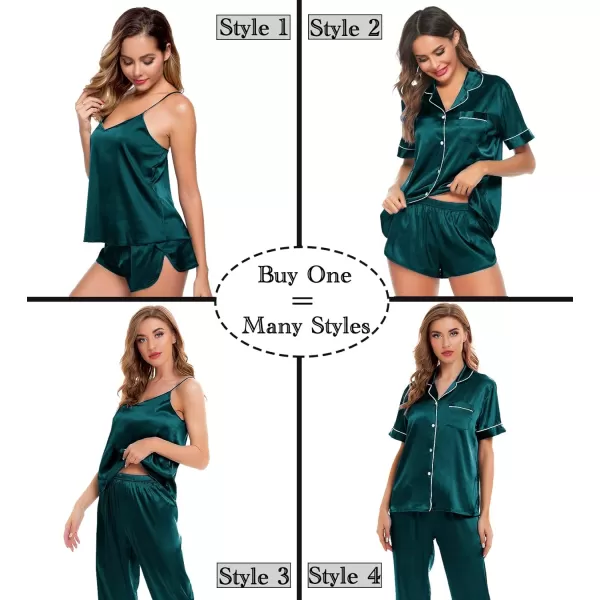 SWOMOG Womens 4pcs Pajamas Sets Silk Satin Sleepwear Sexy Cami with Button Down Short Sleeve Shirt Pjs LoungewearAdeep Green