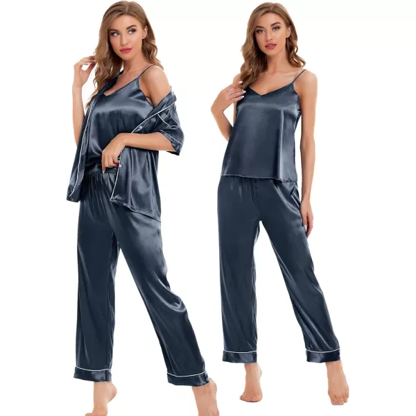 SWOMOG Womens 4pcs Pajamas Sets Silk Satin Sleepwear Sexy Cami with Button Down Short Sleeve Shirt Pjs LoungewearAdeep Grey