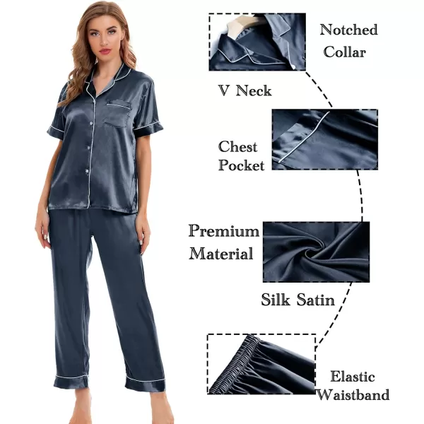 SWOMOG Womens 4pcs Pajamas Sets Silk Satin Sleepwear Sexy Cami with Button Down Short Sleeve Shirt Pjs LoungewearAdeep Grey